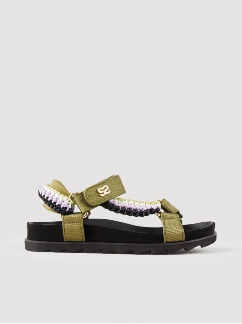 🇫🇷 Sandro 🫒Green Sandals with Lilac and Cream Braided Trim